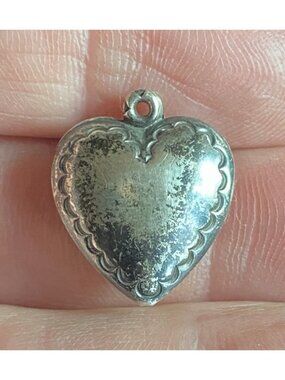 Vintage Sterling Puffy Heart Charm With Border Marked Sterling